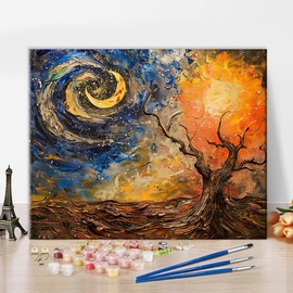TISHIRON Abstract Colour Painting by Numbers Kit for Adults Natural Landscape with Tree and Moon Painting by Numbers with Brush and Pigment, DIY Crafts for Home Wall Decoration, 40 x 50 cm