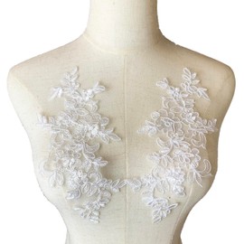 Heyiwell White Embroidered Applique Flower Patches for Sew on Bridal Wedding Ballet Dress Lace Decor 1 Pair, 11"x3.93" Inch