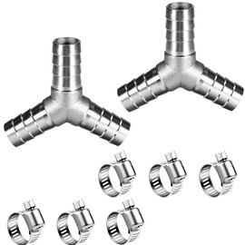 ANPTGHT 1" Hose Barb Fitting Equal Barbed Y Shaped 3 Way Wye Stainless Steel Tubing Joint Splicer Mender Adapter Union for Tubing Pipe Household Fuel Gas Liquid Air (2 Pcs with 6pcs Hose Clamps)