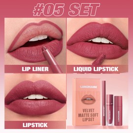3 in 1 Matte Samt-Lippenstift-Set, 3Pcs Matte Lippenstift + Matte Flüssig-Lippenstift + Lip Liner Set, Samtiger Lippenstift Lang anhaltender Lipgloss Make Up Geschenkset (#05, 1er-Packung)