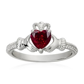 Heart Birthstone Claddagh Ring 925 Sterling Silver 6MM Heart-Shaped Created Ruby Rings Irish Jewelry Good Luck for Women Size 8