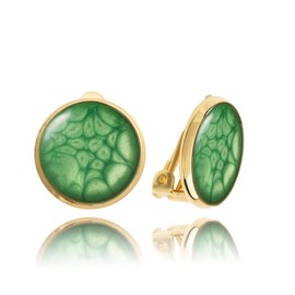 Handmade Comfortable Small Round Clip on Earrings - Non Pierced Ears for Women (Painted Emerald Gold)
