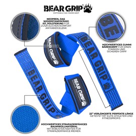 BEAR GRIP® Straps - Premium Neoprene padded Heavy Duty double stitched weight lifting gym straps, Gel grip, 100% cotton, Extra long length (Blue)
