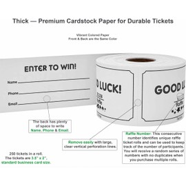 Tacticai 250 Raffle Tickets, White (1 of 8 Colors), Raffle Cards, Entry Form with Name, Phone & Email for Events, Fundraiser & Prizes
