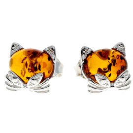 Genuine Cognac Baltic Amber and 925 Sterling Silver Studs Cat Kitten Studs Style Earrings - GL192C