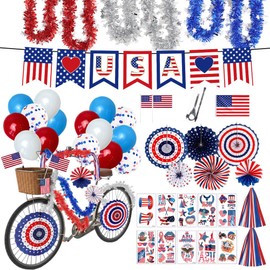 EUOYUFO 4th of July Bike Decorations Kit Include Flag Banners Ppaer Fans Bike Streamers Tassel Color Bar Temporary Tattoo Balloons Patriotic Parade Bicycle Decor for Independence Day Memorial Day