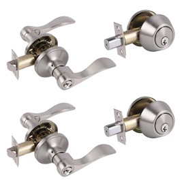 Probrico 2 Sets-Wave Style Entry Door Levers with Double Cylinder Deadbolts Combo Pack, Keyed Alike Door Knobs Exterior and Interior Lockset Leverset, Handleset for Front and Entrance Door