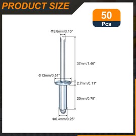 sourcing map 50Pcs 1/4"x3/4" Round Head Blind Rivets, Zinc-Plated Carbon Steel Grip and Mandrel Cap Blind Rivets, Silver