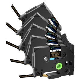 POPOBUY TZ TZe 12mm 0.47 inch Laminated Black Tape Compatible for Brother P Touch TZ334 TZ-334 TZe-334 TZe334 Label Tape for Brother PT-D400VP D600 E550W E800W Label Maker, 5 Pack Gold on Black