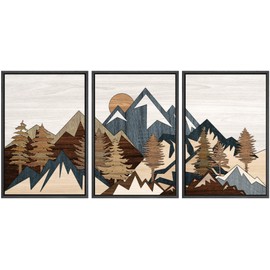 SIGNWIN Framed Canvas Print Wall Art Set Country Woodcut Style Mountain Forest Nature Wilderness Illustrations Modern Art Decorative Farmhouse Zen for Living Room, Bedroom, Office - 16"x24"x3 Black