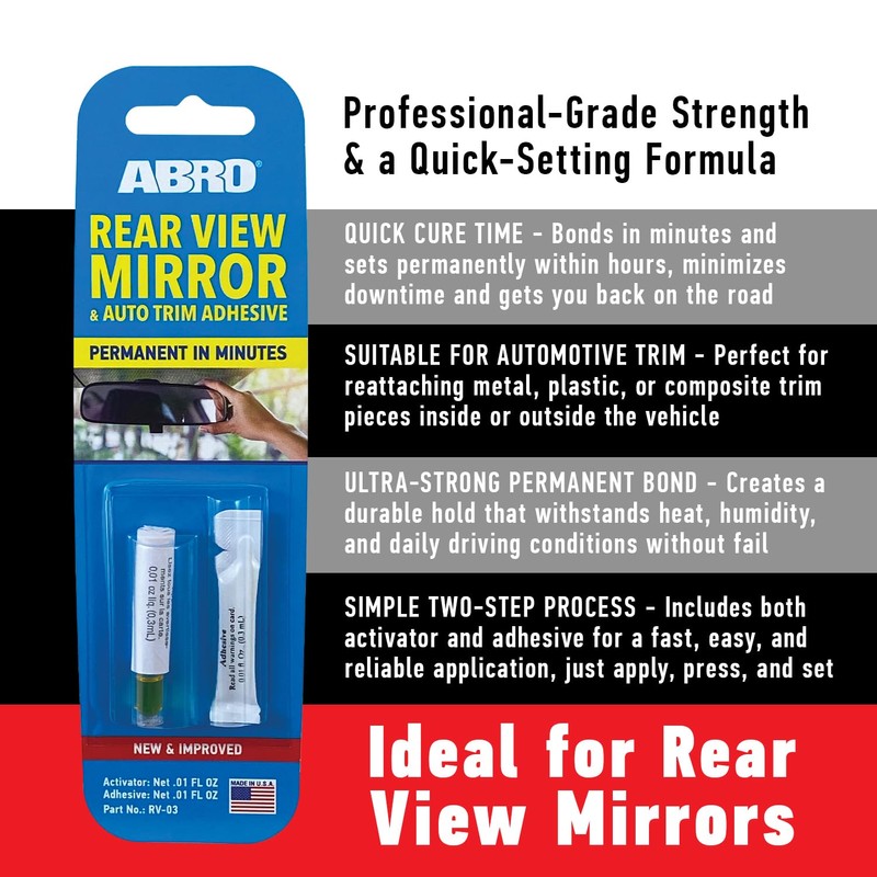 ABRO Rear View Mirror Adhesive, Two-Step Application, Ultra-Strong Permanent Bond,