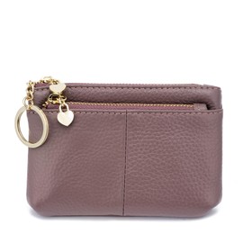 ZOUIQSS Women Genuine Leather Zip Mini Coin Purse with Key Ring Triple Zipper Card Holder Wallet (Purple)