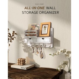 Rebee Vision Farmhouse Key Holder Wall Mount for Home Decor – Key and Mail Holder for Wall with 2 Drawer Organizer, 6 Key Hooks & Shelf – Apartment Essentials (Whitewash)