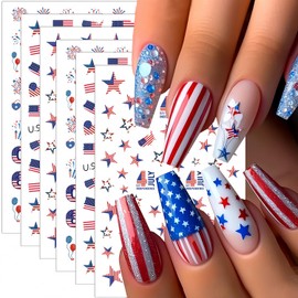 6 Sheets 4th of July Nail Stickers for Nail Art 3D Self-Adhesive Independence Day Nail Decals with American Flag Star Fireworks Sticker Design Acrylic DIY Nails Decoration Accessories for Holiday