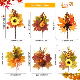 TSLBW 6 Pcs Artificial Maple Leaves Berry Branches Decorations Fall Picks with Pumpkin Sunflower Pine Cones for Thanksgiving Harvest Festival Indoor Outdoor Home Ornaments Autumn Decoration (Style A)