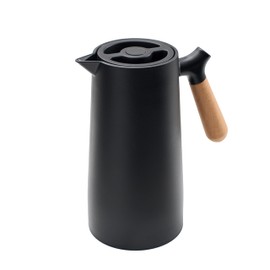 KVOTA Thermos 1 Litre Thermos Flask with Glass Flask, Colour Black, Wooden Handle, Lid with 1-Click Opening
