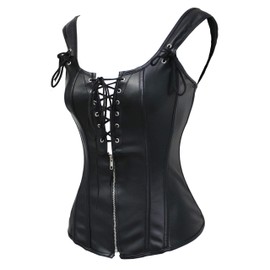 bslingerie Womens Black Faux Leahter Wetlook Bustier Corset (L, Black (Overbust))