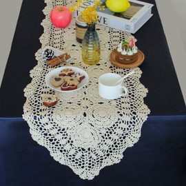 kilofly Handmade Crochet Cotton Lace Table Runner Tablecloth, 15 x 79 inch