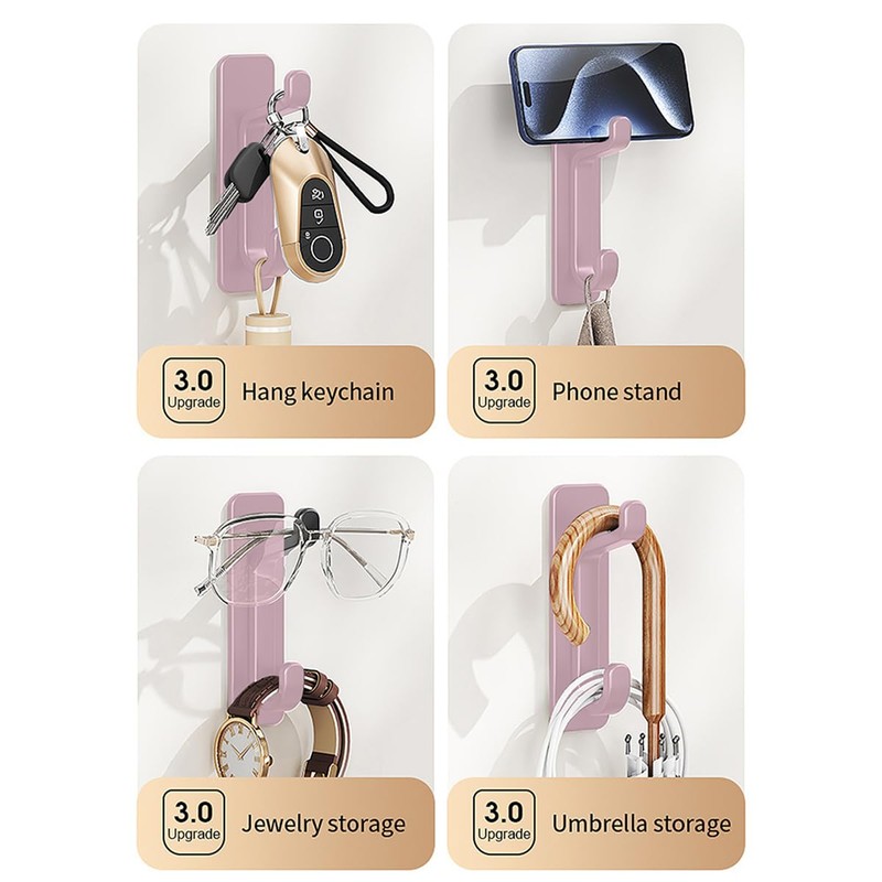 Self-Adhesive Wall Hooks, Pink, ABS Material, No-Hole Design, Waterproof Utility
