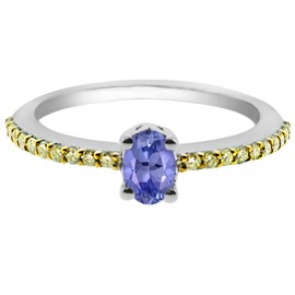 Gem Stone King 0.69 Ct Oval Blue Tanzanite Canary Diamond 925 Sterling Silver Ring (Size 9)