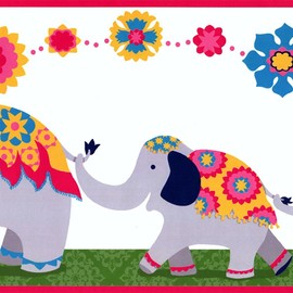 CONCORD WALLCOVERINGS ™ Wallpaper Border Kids Pattern Elephants Flowers Friendship for Kids Room Daycare Boy's Girl Room, White Pink Grey Green, 15 Feet by 9 Inches WK6900BD