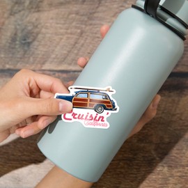Die Cut Sticker Cruisin' California, Retro Woody and Surfboard, Contour Vinyl Sticker 3 to 6 inches, (Waterproof Decal for Cars, Water Bottles, Laptops, Coolers), Large