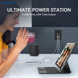 ELEGRP 42W Fast Charge & Power Delivery 4-Port USB Wall Outlet, UL/CUL Listed, 2 Pack, Matte Black