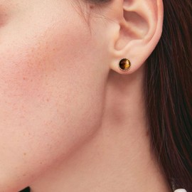 Tiger Eye Stud Earrings - Gold Round Handmade Earrings for Daily & Elegant Looks