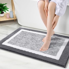 Kitinjoy Bath mat, Extra Soft and Absorbent Microfiber Bathroom Mat, Non-Slip, Machine Washable, Quick Dry Shaggy Bath Rug, Suitable for Bathroom Floor, Shower (Dark Grey and White, 24 x 16 Inches)