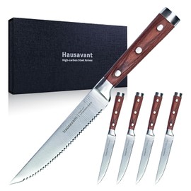 Hausavant Steak Knives Set of 4, German High Carbon Stainless Steel Steak Knives, 4.8 Inch Serrated Steak Knife with Wood and Steel Handle, Dinner Knives Set with Gift Box