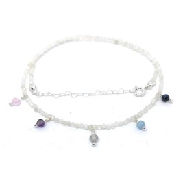 2 mm thick natural moonstone choker with small pendants in 925 sterling silver, length 40 cm and heart chain up to 45 cm