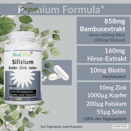 High Dose Silicon from Bamboo Extract (858 mg), Millet Extract, Biotin, Zinc, Selenium, Copper and Folic Acid - Organic Silicon with High Bioavailability - 120 Capsules - Vegan - German Production
