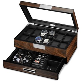 Lifomenz Co Wooden Watch Box for Men Watch Jewelry Box organizer with Valet Drawer,12 Slot Watch Display Case Holder Large Watch,Men Accessories Organizer with Real Glass Window Top