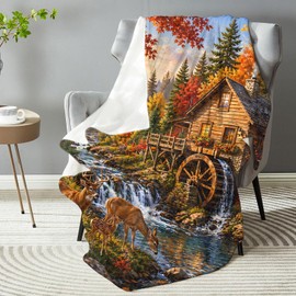 dhakalrlde Forest Deer Cabin Blanket, Soft Waterfall Rustic Lodge Wildlife Scene Throw Blanket Gifts for Men Women Teens, Lightweight Warm Cozy 60×50 inch Country Flannel for Couch, Travel, Decor