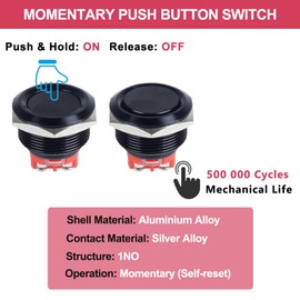 DMWD 22mm Heavy Duty Momentary Metal Push Button Switch Waterproof Anti-Vandal Large Current 20Amp 12V 24V 110V ON-Off 1NO 2 Screw Terminals for 7/8" Mounting Hole Without LED Black Shell