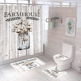 OLEBETY 4PCS/Set Rustic Flower Shower Curtain, Waterproof Fabric Bath Curtain, Farmhouse Floral on Rustic Panel Bathroom Decor, Non-Slip Bathroom Mat Bath Mat Toilet Rug, Cotton in Glass Bottle