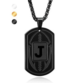 Fervia Football Initial Necklace for Men Dog Tag Stainless Steel Black Letter Pendant Sport Football Athletes Jewelry Gifts for Men Boyfriend with 22+2 Inches Stainless Steel Chain(J)