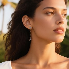 Sonateomber Gold Starfish Summer Beach Dangle Chain Earrings for Women, Dainty Blue CZ Rhinestone Enamel Ocean Earings Holiday Fashion Jewelry Gift