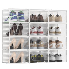 12 Pack Large Modular Clear Plastic Stackable Shoe Storage Organizer for Closet, Space Saving Versatile Sneaker Shoe Rack Containers Bins Holders, Portable Closet Organizers and Storage, White
