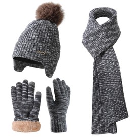 Womens Winter Beanie Hat Scarf and Gloves Set Earflap Girls Black Mix Cable Beanies with Pompom Knitted Scarf Touch Screen Gloves Sets Ladies Black Knit Thick Warm Soft Fleece Lined Thermal Cap