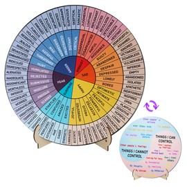 Jeoronuly Feelings Wheel Therapy Office Decor, 9.8" Diameter Large Double Sided Mental Health Decor Emotion Wheel with Stand, Wooden Coping Wheel Chart Therapist Gifts for Therapy Psychologist Office