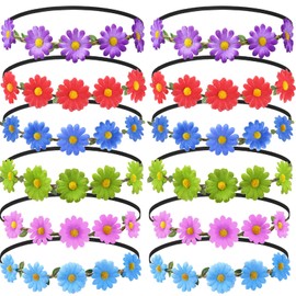 Bememo 12 Pieces Flower Headband Girl Women Daisy Flower Crown Hippie Floral Wreath Headband for Festival Wedding Bridal Party(Vivid)