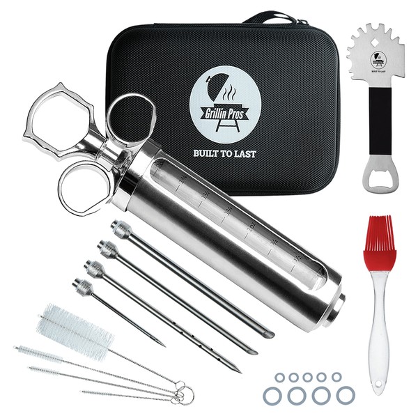 Grillin Pros Advanced Meat Injector Kit for Smoking & Grilling, Stainless Steel Large 2 Oz Syringe + Measuring Window for Cooking BBQ, Brisket, Turkey - Inject Marinade or Seasoning for Tender Flavor