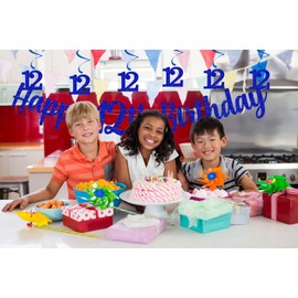 bng-bng 12th Birthday Decorations Happy 12th Birthday Bunting Banner And Hanging Swirls Streamers 12 banner For Boys 12 Years Old Pre-teen Birthday Decorations Party Decor Blue