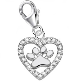 Goldene Hufeisen Heart Animal Paw Charm 925 Sterling Silver Lobster Claw Pendant, Sterling Silver Cubic Zirconia, Cubic Zirconia