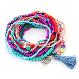 lureme Boho 13Pcs Heart Floral Tassel Multicolor Stackable Beads Elastic Bracelets Set(bl003581)