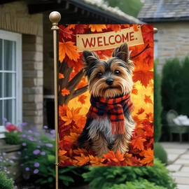 BlissYard Thanksgiving Fall Garden Flag 12x18 Inch Welcome Yorkshire Terrier Dog Outdoor Flag Double Sided Autumn Yard Banner with Plaid Scarf Leaves Decor for Porch Lawn Patio