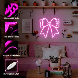 InnovTools Bow Neon Sign, Pink Ribbon Bow Neon Signs for Room Decor Aesthetic, Dimmable Bow Neon Light for Girl's Girly Room Decorative Nursery Christmas Party Art(Bow)