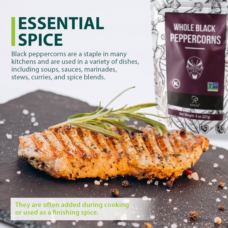 Soeos Black Peppercorns, 8oz (Pack of 1), Non-GMO, Kosher, Packed