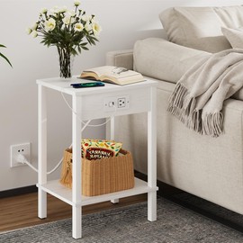 VIMBER Set of 2 End Table with Charging Station, Narrow Side Table with USB Ports and Outlets, Nightstands with 2-Tier Storage Shelves, Sofa Table for Small Space Living Room Bedroom, White UTBT102W2